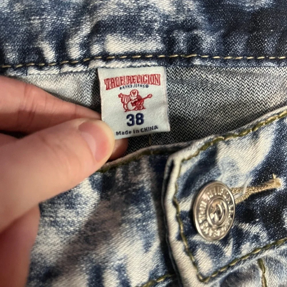 True Religion Mens Section Straight Acid Wash Cloud Blue White Jeans Size 38